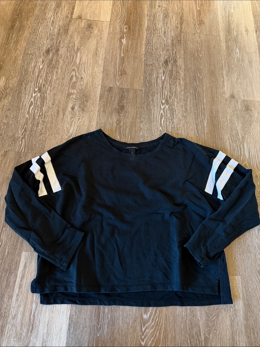 Women’s Cropped Black Long-Sleeve Tee with White Sleeve Stripes